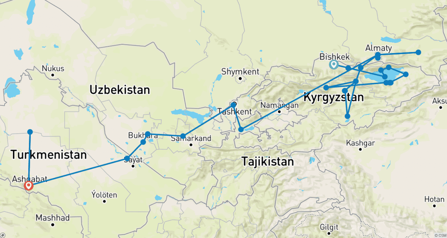 Mapa trasy: 22-dniowa grupowa wycieczka Szlakiem Jedwabnym „Pięć Stansów”