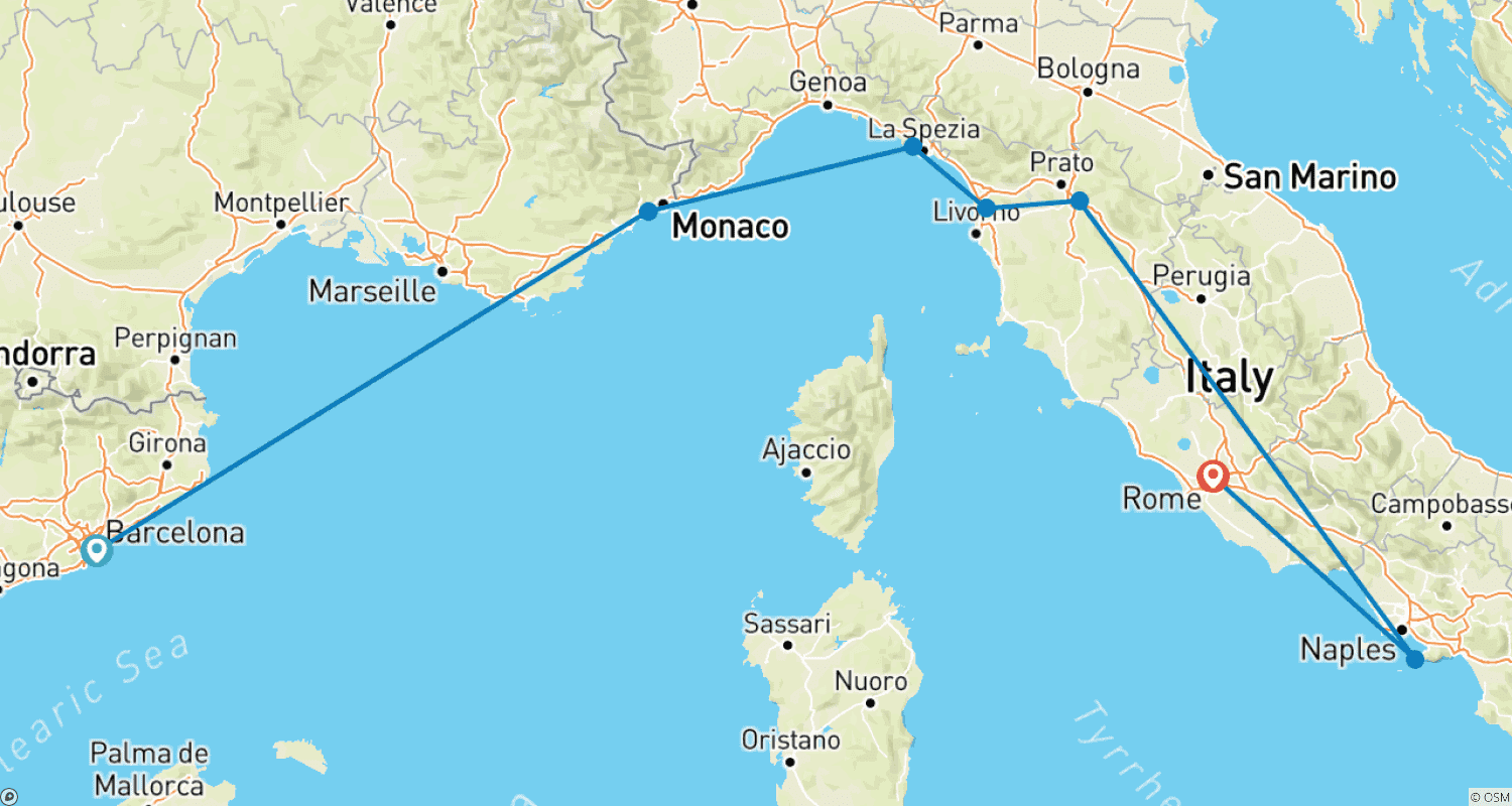 Mapa trasy: Wyprawa z Barcelony do Rzymu (Standard, Lato (od kwietnia '27), Klasyczna)