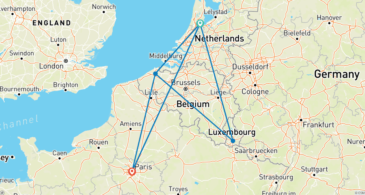 Mapa trasy: Amsterdam, Brugia, Luksemburg i Paryż w 8 dni