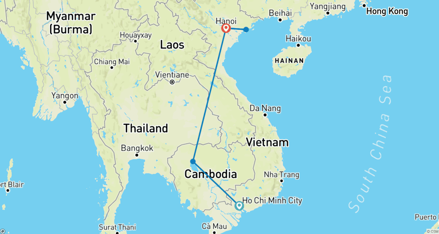 Mapa do percurso de De Angkor a Ha Long: Uma Aventura de 11 Dias Pelo Camboja e Vietnã