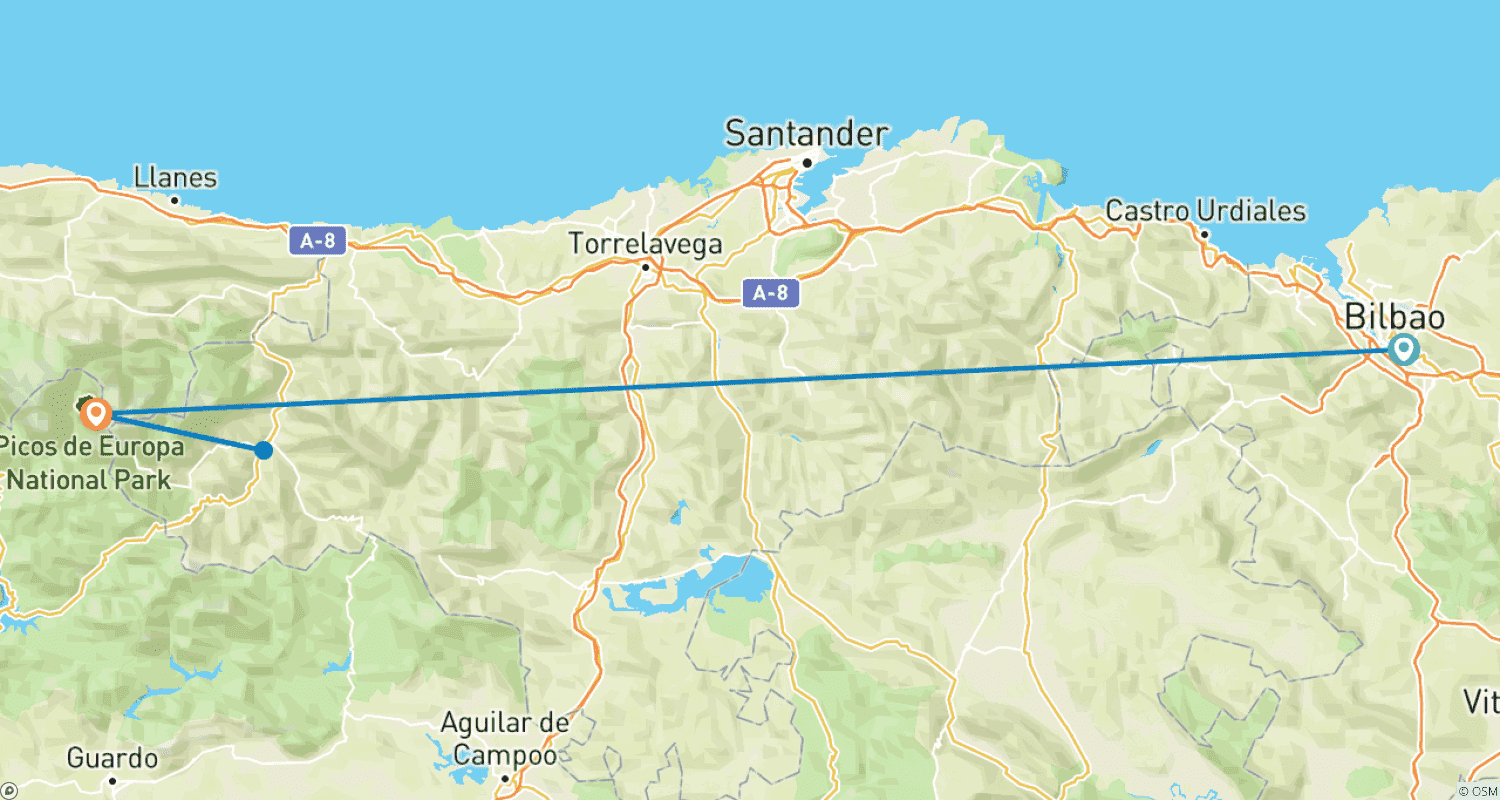 Mapa do percurso de Férias de Caminhada Relaxante no Parque Nacional Picos de Europa 8 Dias