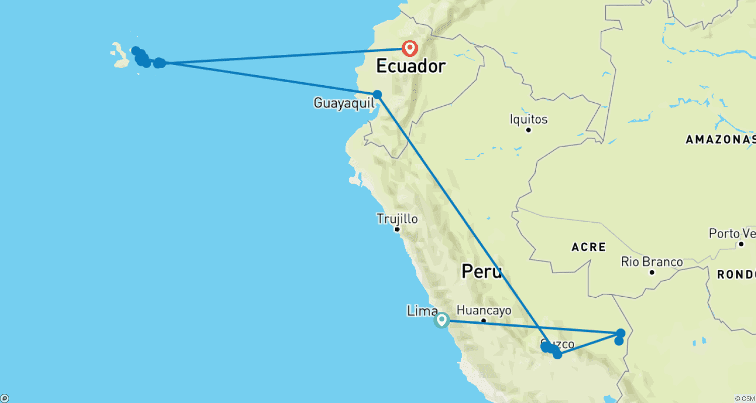 Mapa do percurso de 18 Day Highlights Of Peru With Galapagos Premium Small Group Tour
