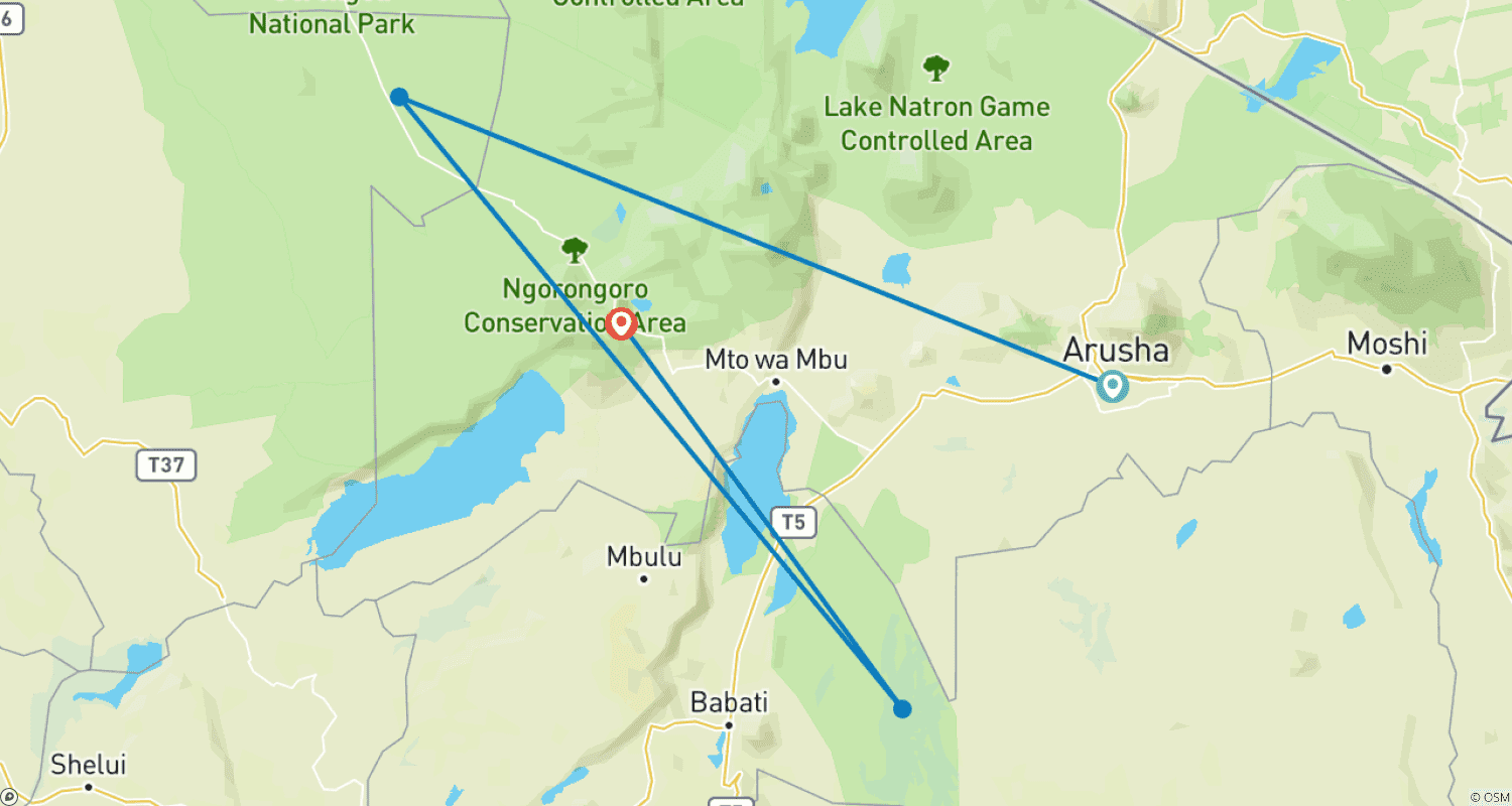 Mapa trasy: 3 Dni Poznaj najlepsze parki północnej Tanzanii