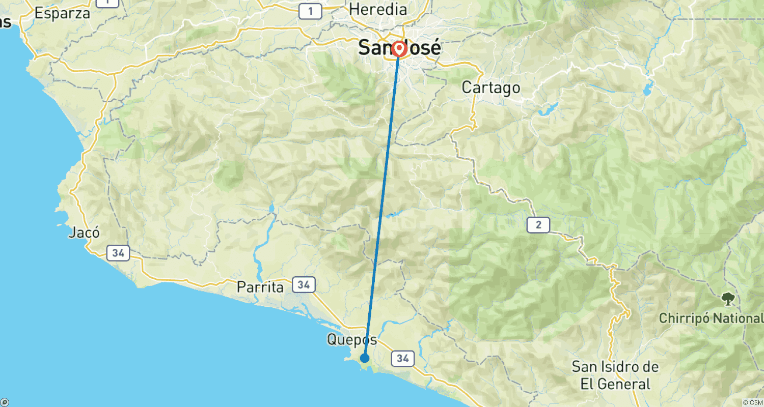 خريطة مسار عطلة قصيرة في Manuel Antonio – مغامرة وطبيعة (6 أيام / 5 ليالٍ)