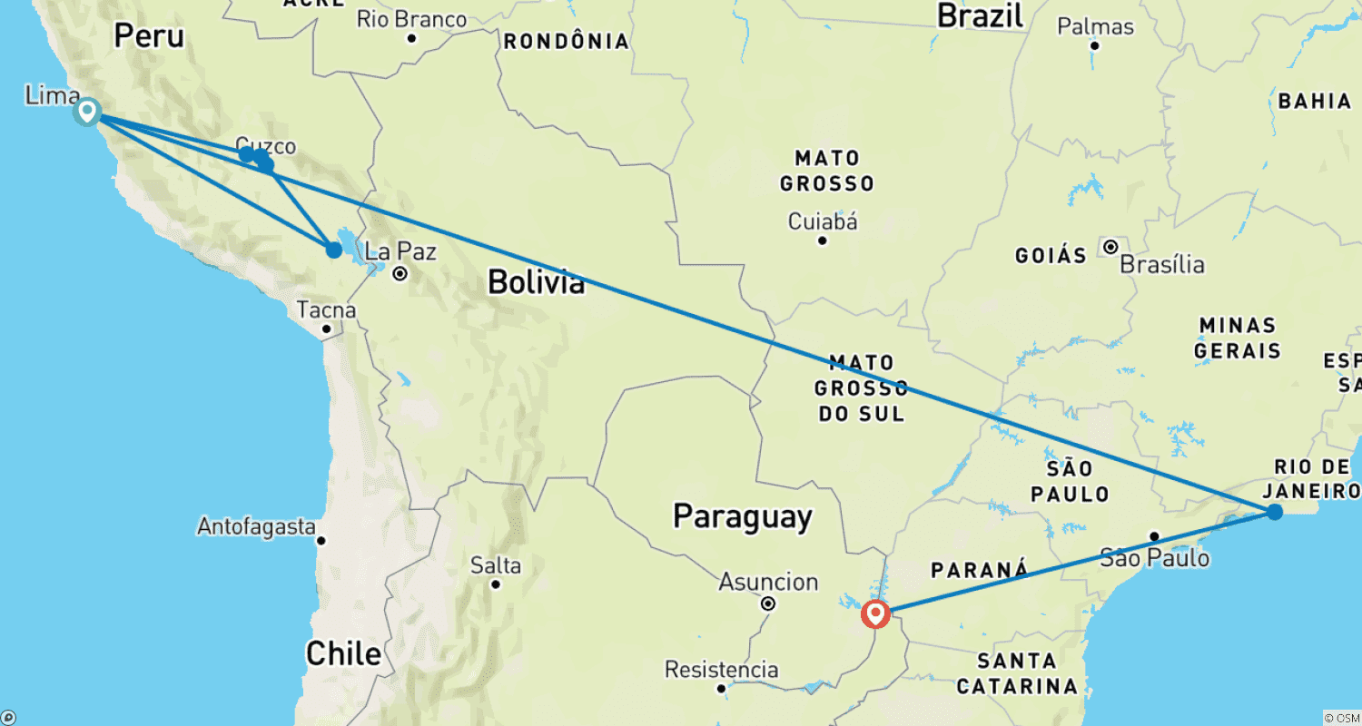 Mapa trasy: Peru & Brazil Round Trip - 17 days
