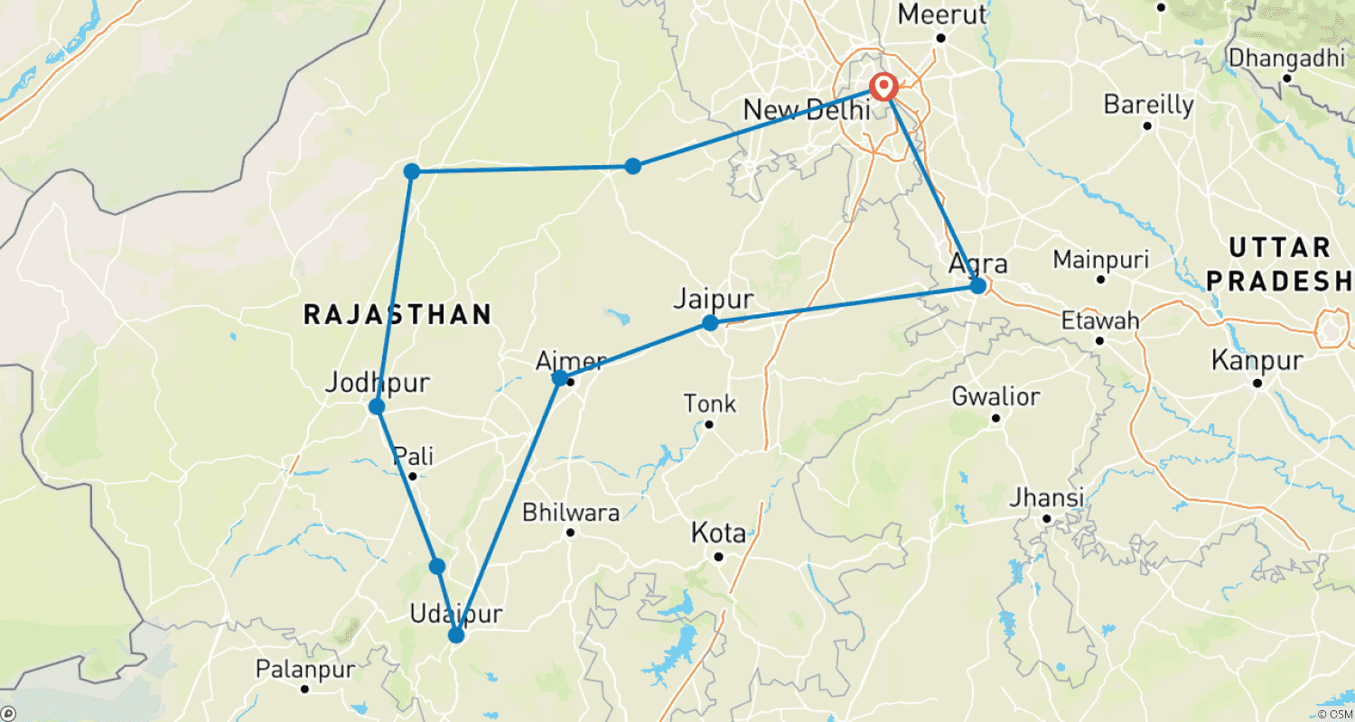 خريطة مسار 11 Day Exotic Rajasthan Tour - Colors Camels & Culture