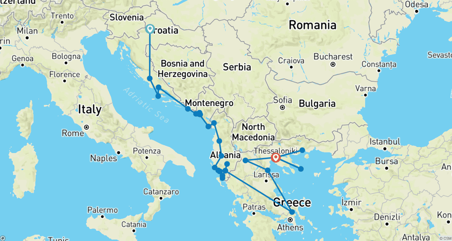 Mapa trasy: Bałkany w pigułce: Chorwacja, Czarnogóra, Albania i Północna Grecja w 20 dni