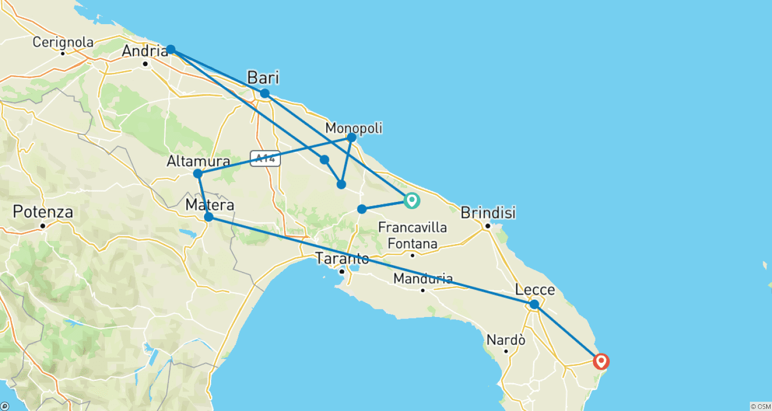 Apulia - Trulli, Staufer and Mediterranean time outのルートマップ