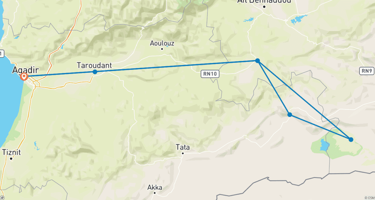 Mapa do percurso de Excursão de 3 Dias no Deserto de Agadir a Erg Chegaga, Dunas Remotas e Rotas de Rali