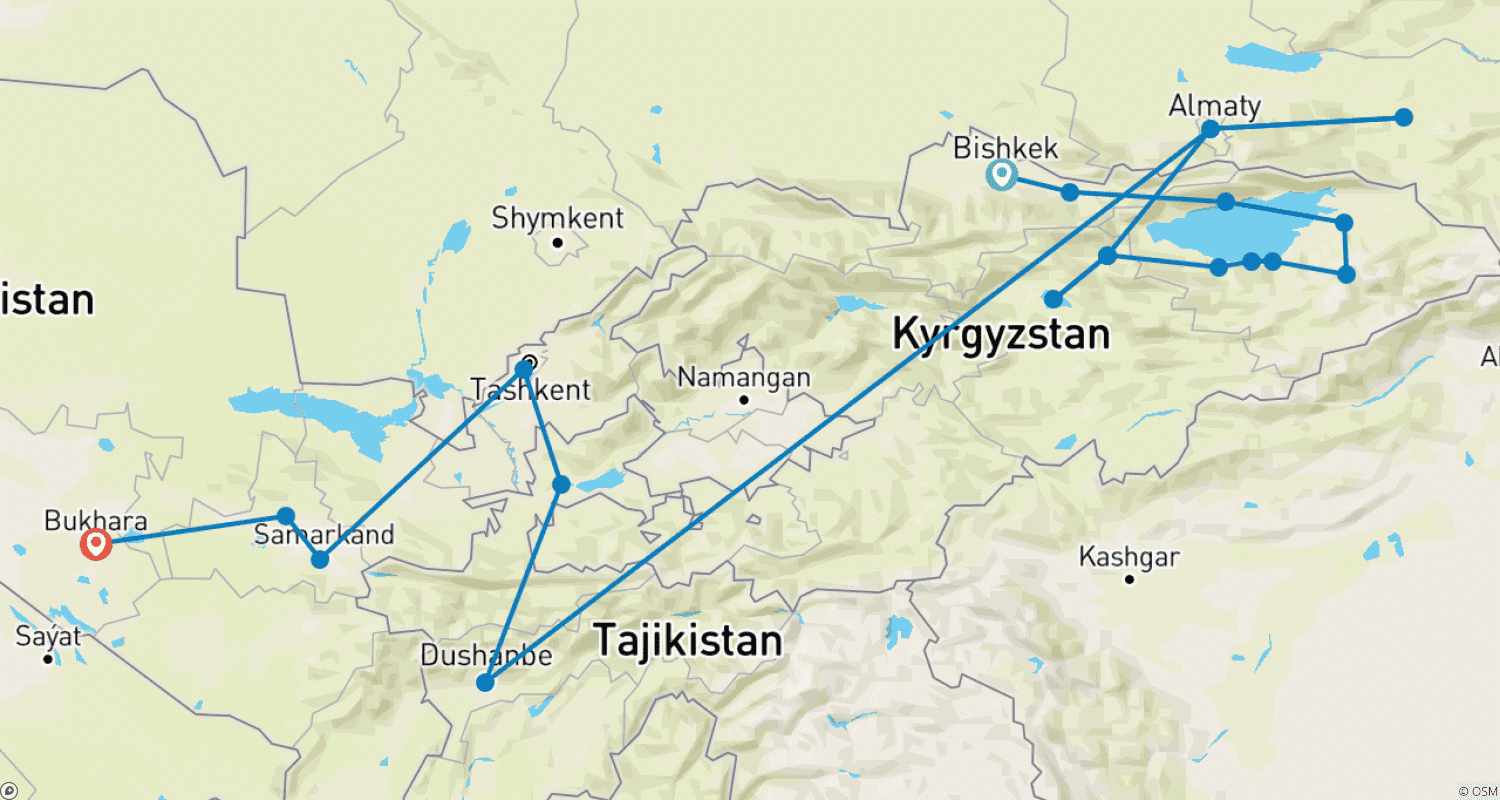 Mapa do percurso de 19-day 4 Stans Central Asia Group Tour