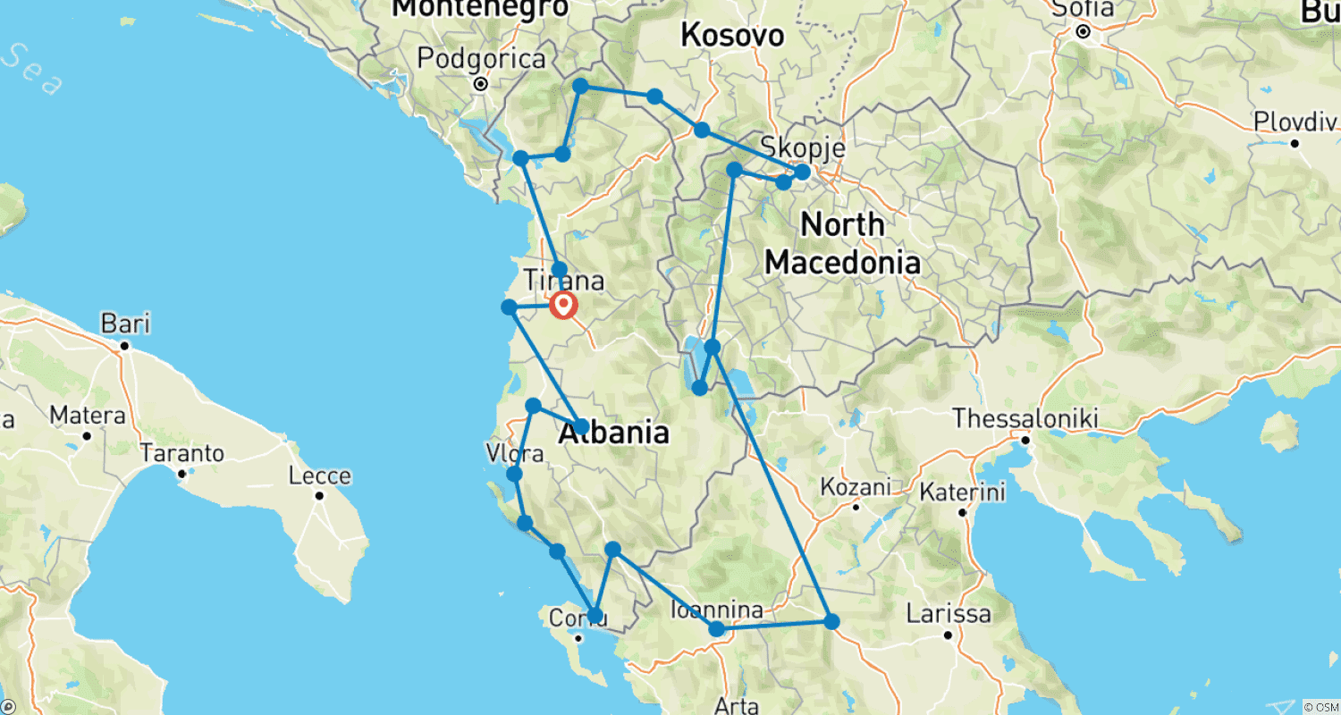 Mapa do percurso de Destaques da Albânia, Grécia, Macedônia e Kosovo