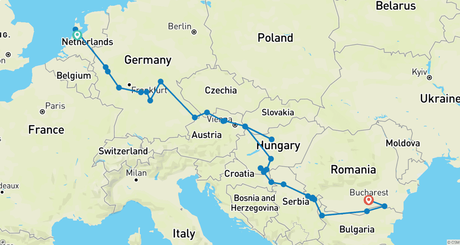 Mapa do percurso de Jóias da Europa e Descoberta do Baixo Danúbio