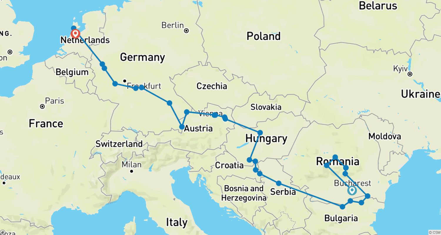 Iconic Europe, from Bucharest to Amsterdam with Transylvaniaのルートマップ