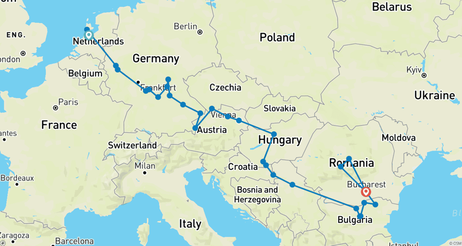 Mapa trasy: Ikoniczna Europa, z Amsterdamu do Bukaresztu z Transylwanią 2027 - 27 dni (41 destynacji)