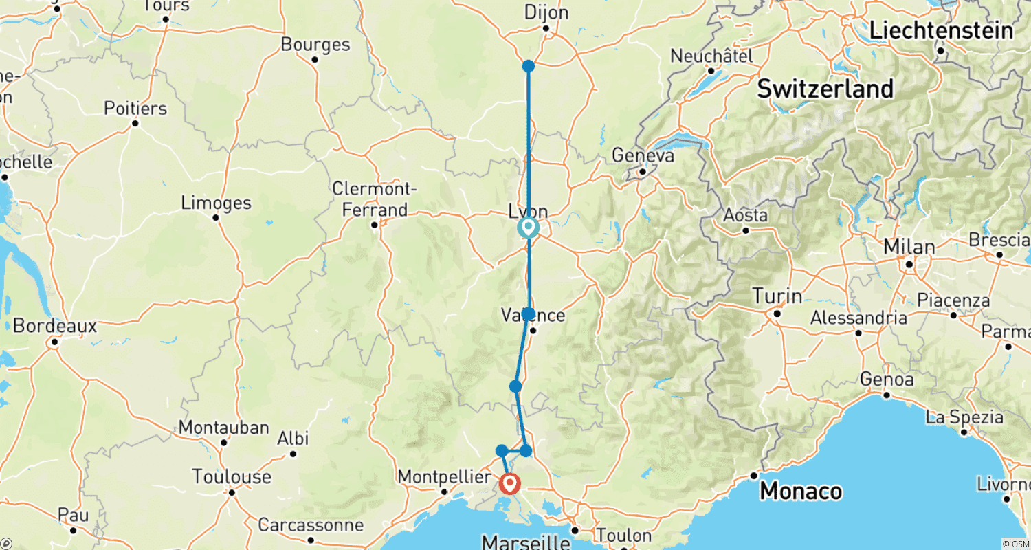 خريطة مسار Burgundy & Provence (2027) (Lyon to Arles, 2027)