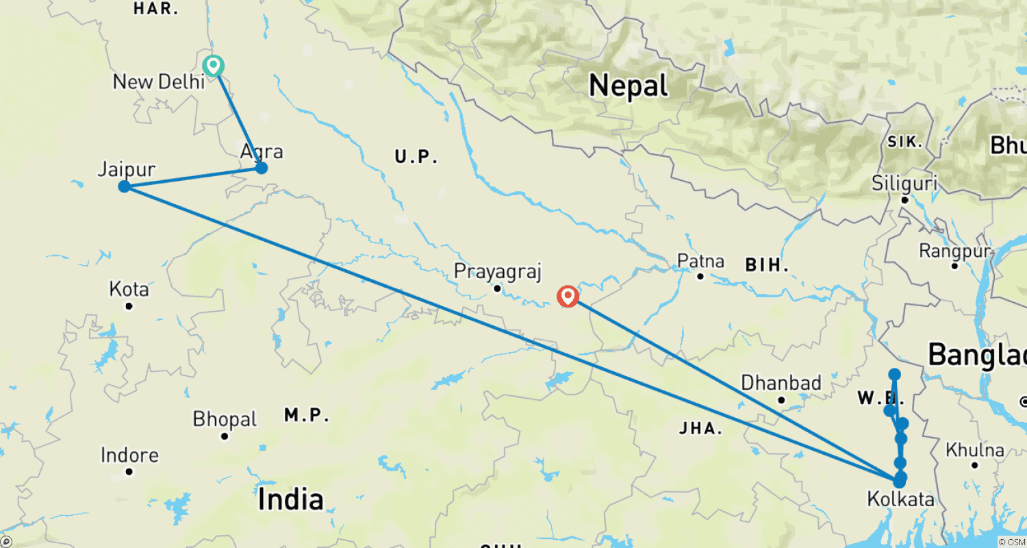 Mapa do percurso de O Triângulo Dourado da Índia e o Sagrado Ganges (2027) (Nova Deli a Calcutá, 2027)