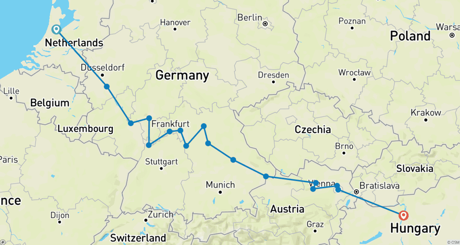 Mapa do percurso de European Jewels (2027) (Amsterdam to Budapest, 2027)