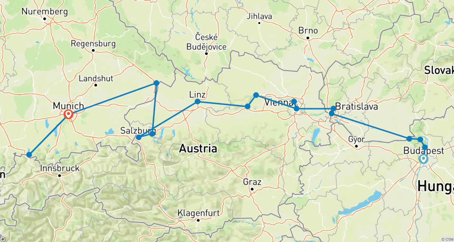 Mapa do percurso de Classical Danube Cruise & Bavarian Fairytales (Budapest - Munich)
