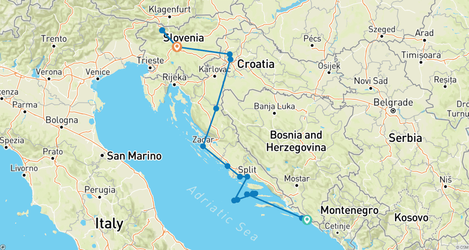 Mapa trasy: Z Dubrownika do Lublany