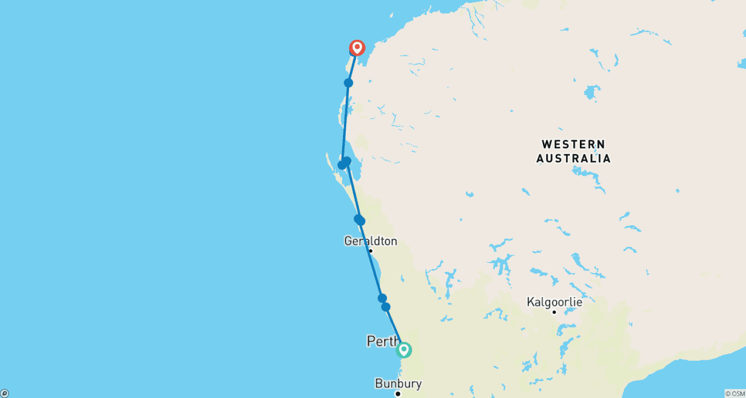 Mapa trasy: Przygoda Perth–Exmouth — 6 dni