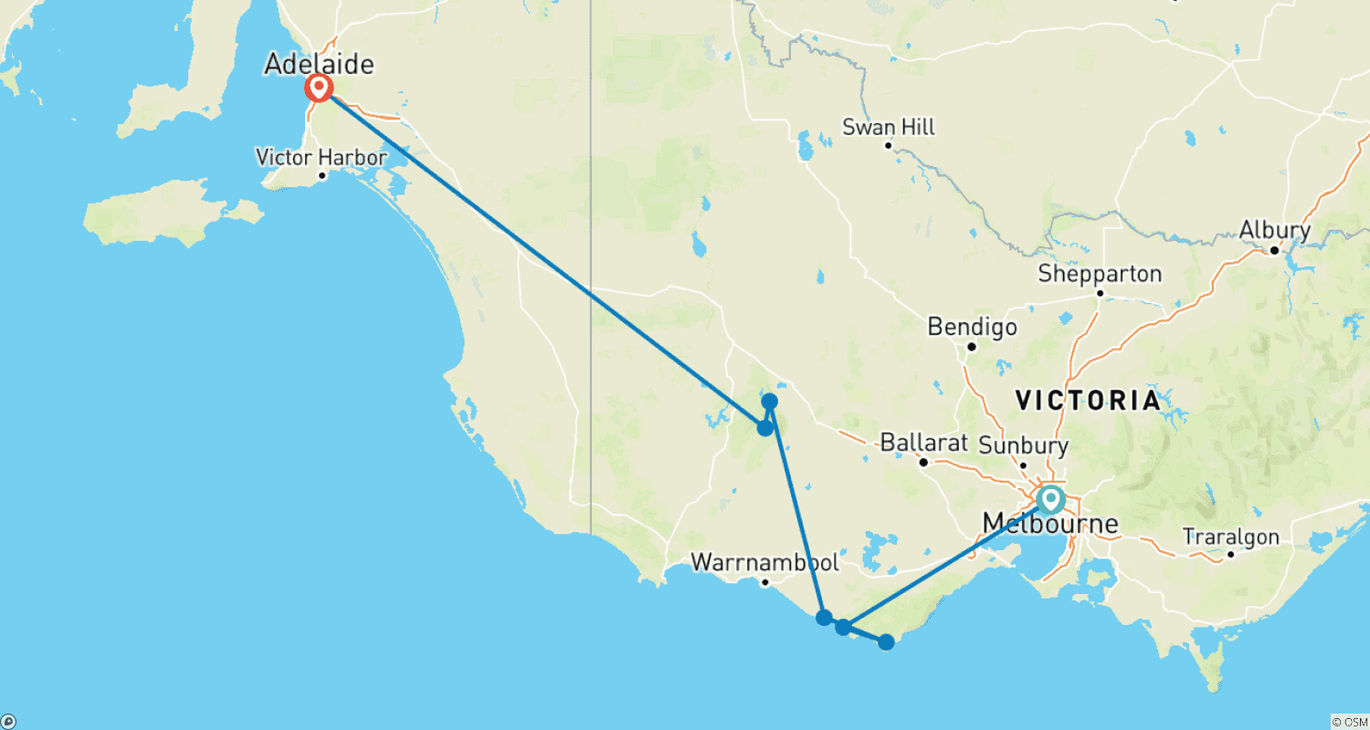 Mapa do percurso de Highlights of Melbourne to Adelaide - 2 days