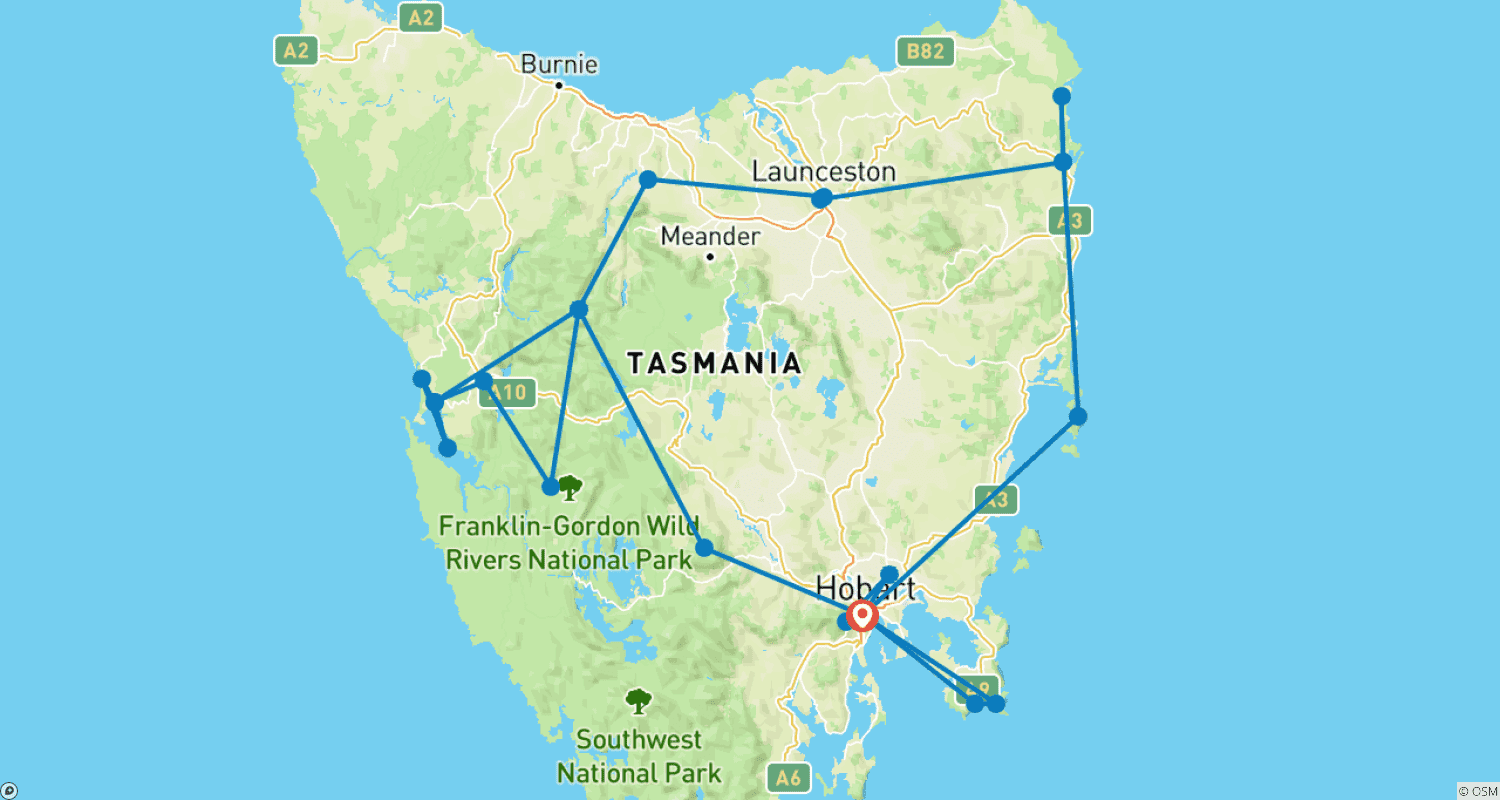 Mapa trasy: Grand Tasmania Explorer - 7 dni