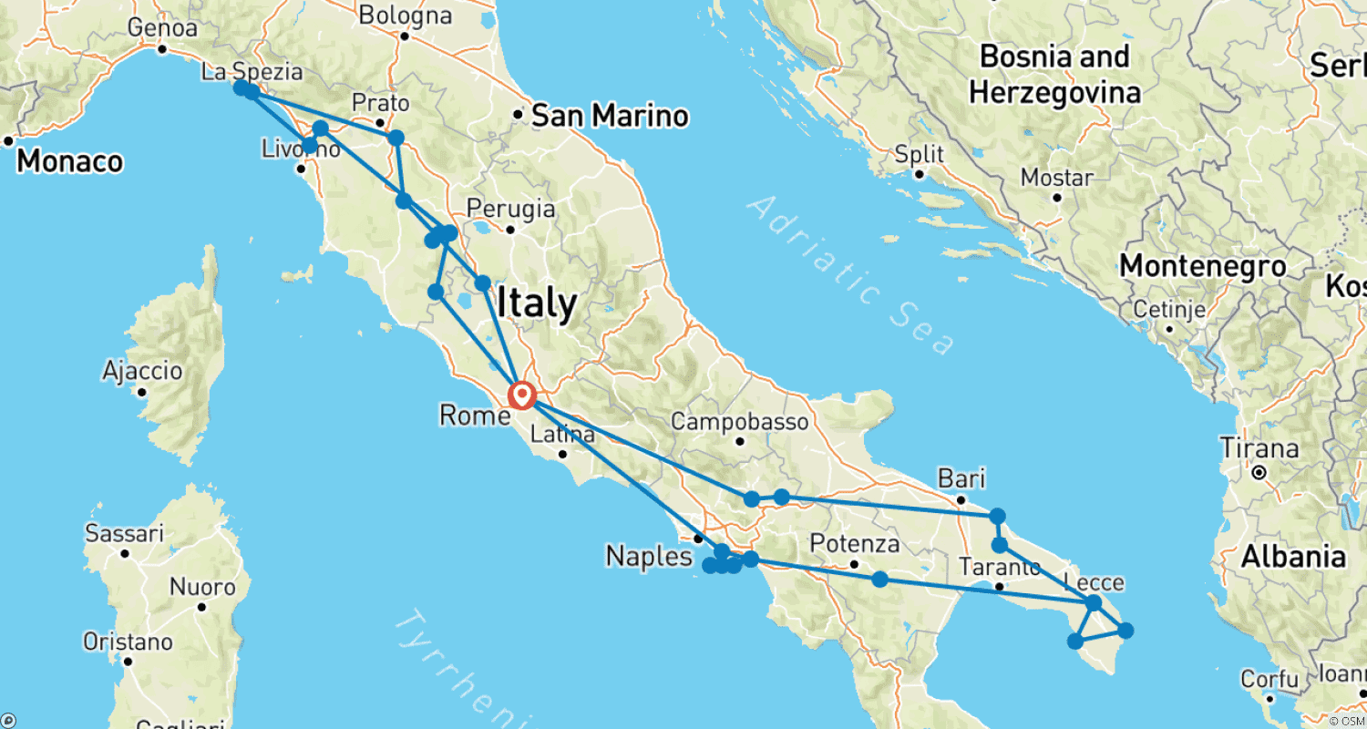 خريطة مسار Amalfi, Apulia & Tuscany - 13 days
