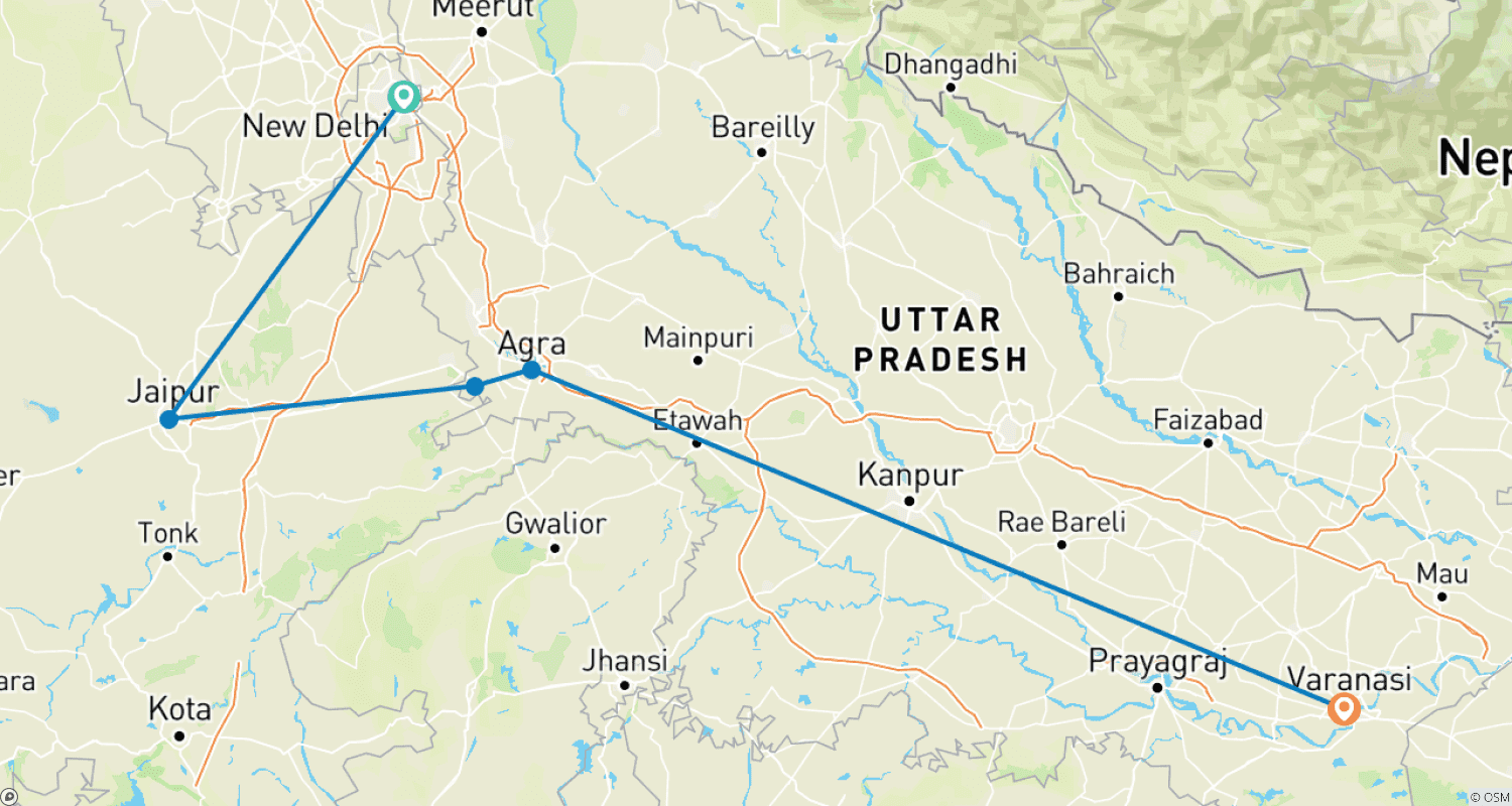 Mapa do percurso de O Triângulo Dourado da Índia e Varanasi
