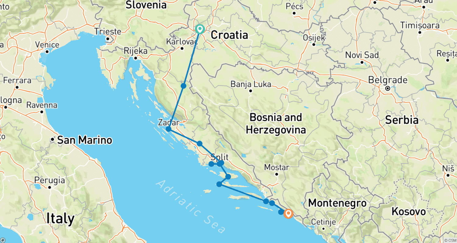 Mapa do percurso de Descubra a Croácia