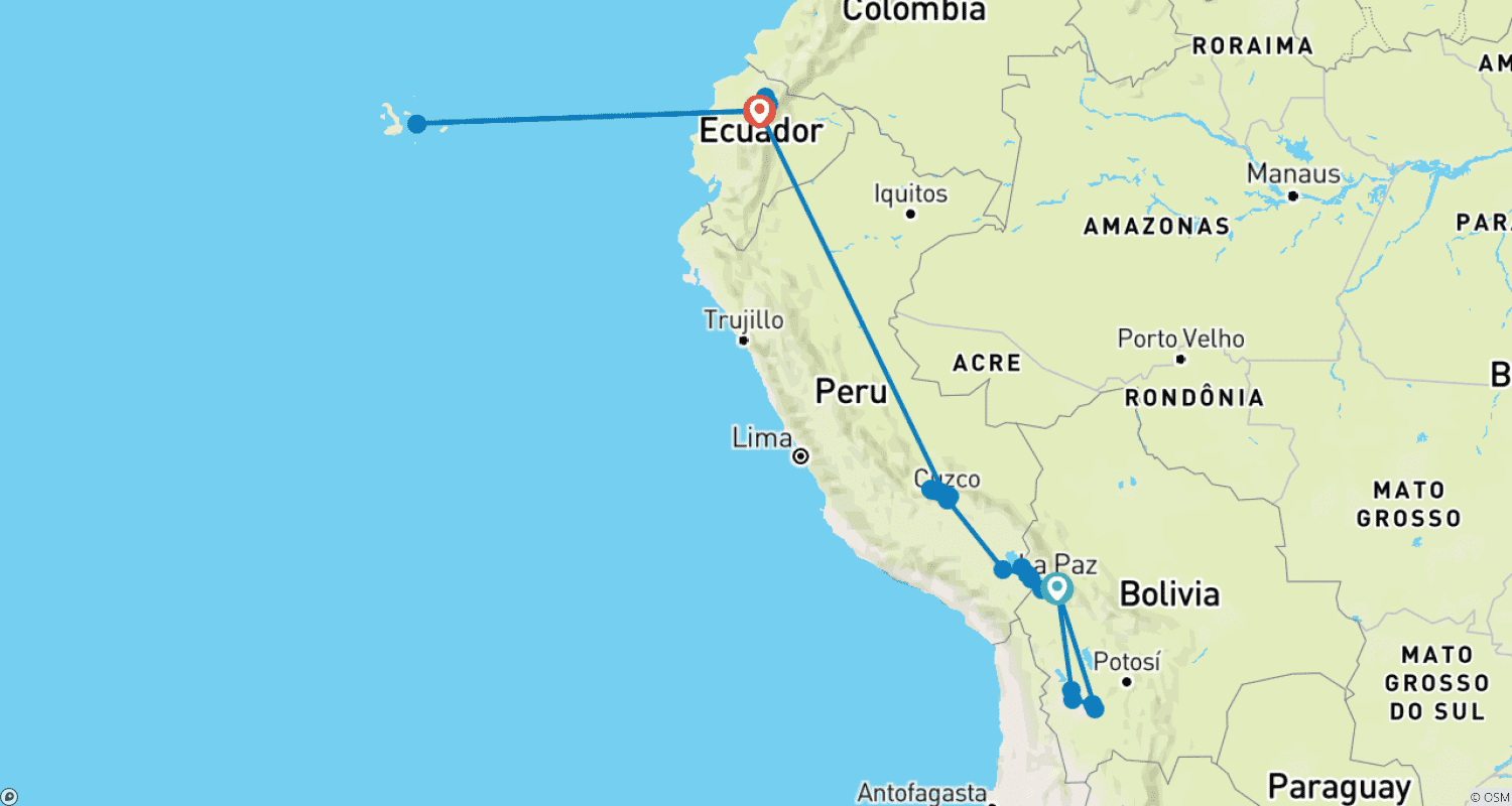 خريطة مسار Bolivia, Peru & Ecuador with Galápagos : The Spirit of the Andes & Islands