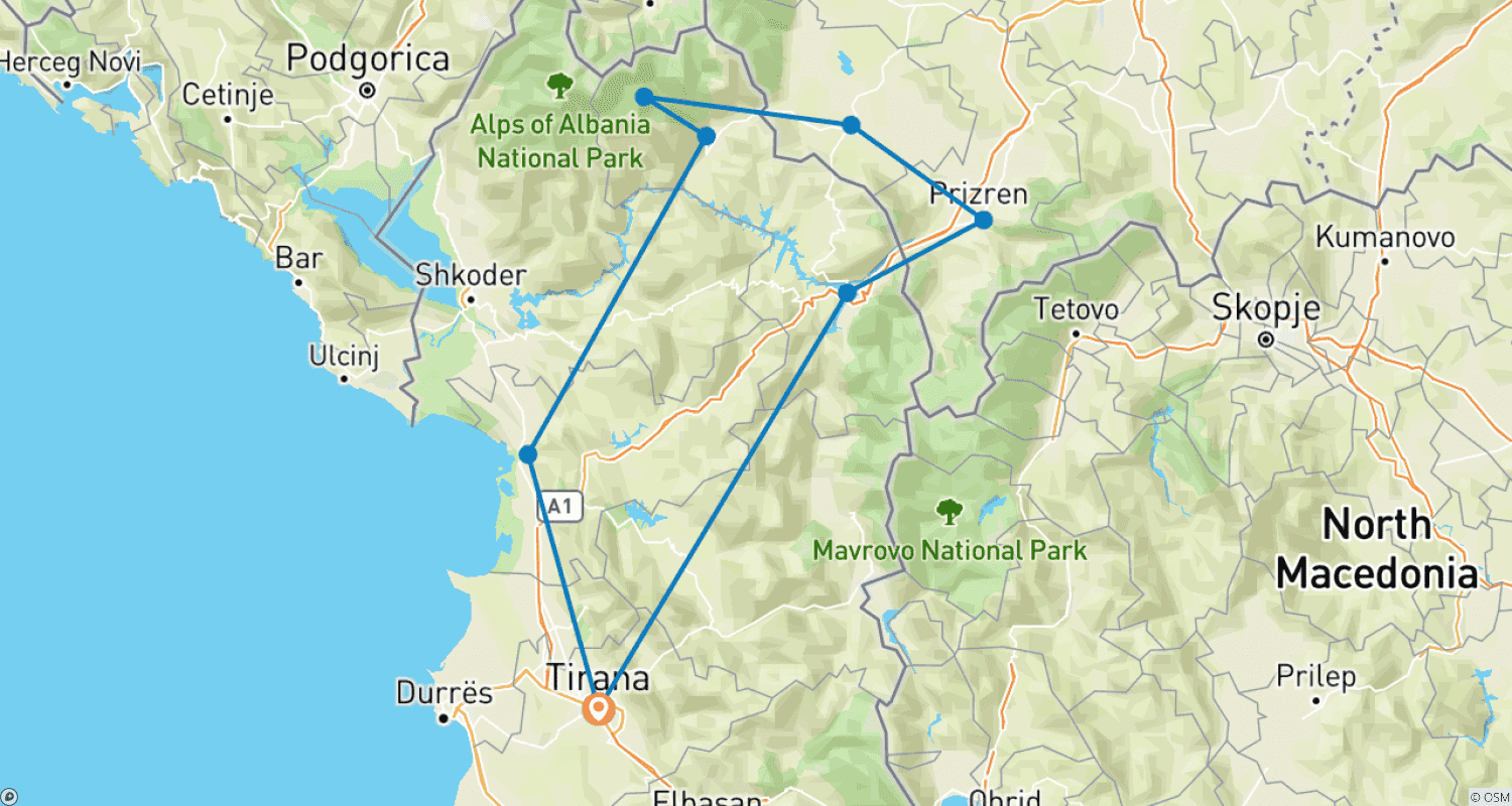 アルバニアアルプス、Shala River、Valbona National Park、Prizren、Kosova 4日間ツアーのルートマップ