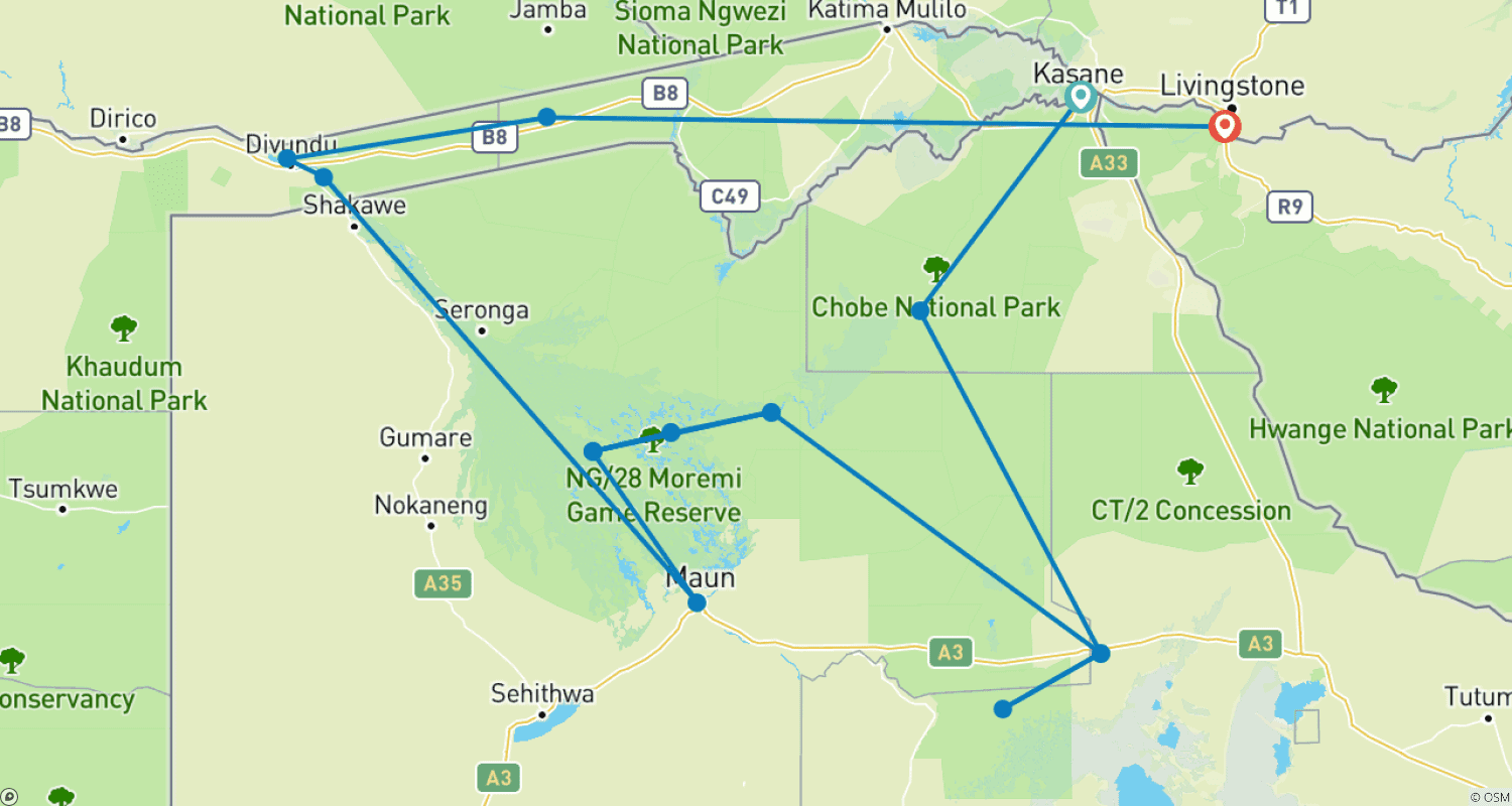 Private Botswana Nat Geo Untouched Safaris – 13 Daysのルートマップ