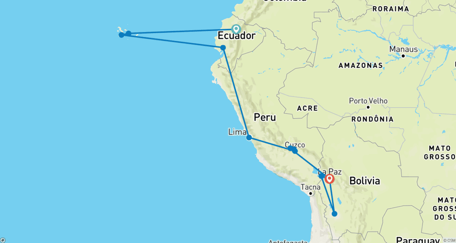 Mapa do percurso de Viagem pela América do Sul com os destaques do Equador, Peru e Bolívia