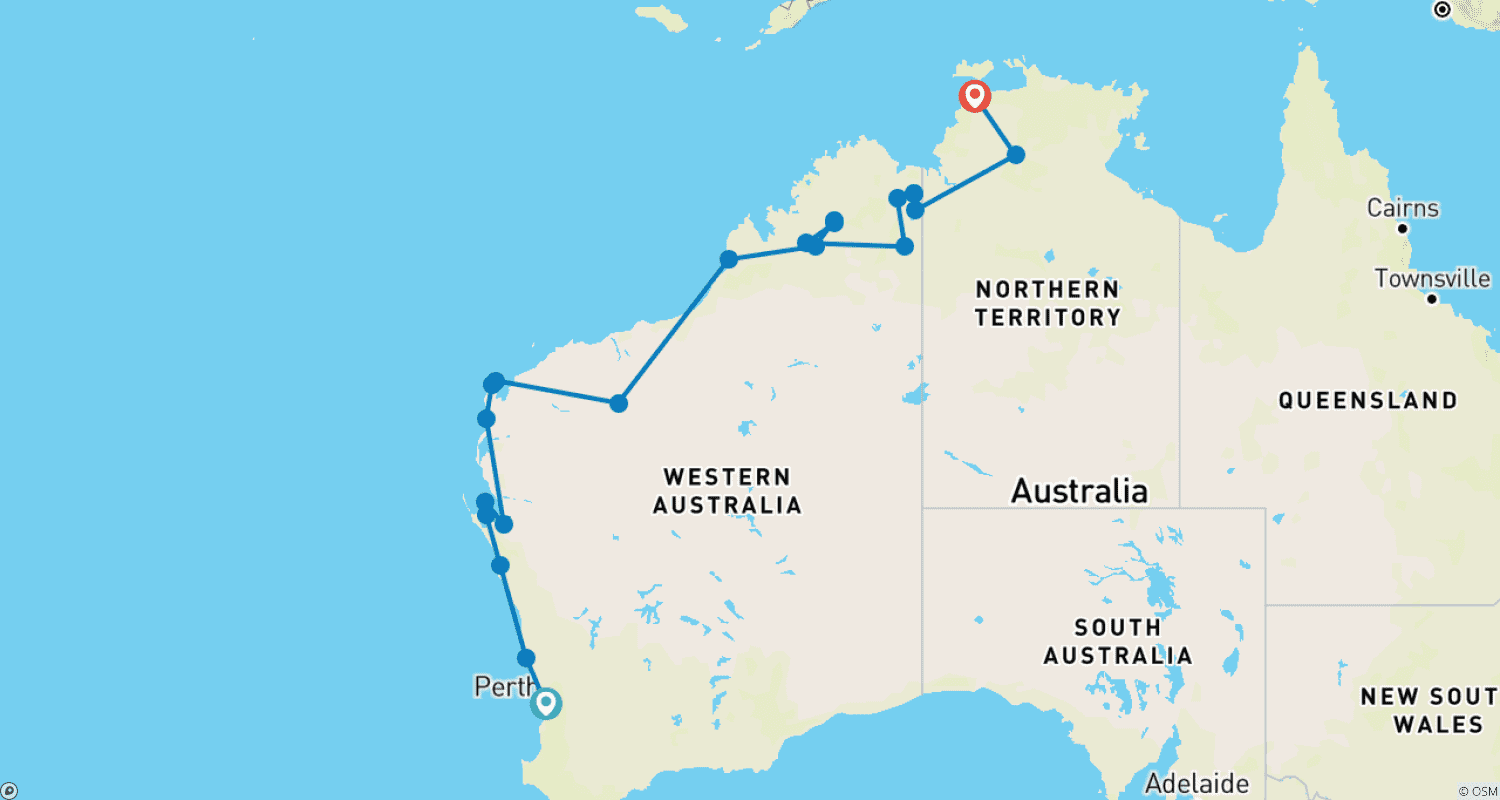 Mapa trasy: Wycieczka Perth do Darwin z Ningaloo Reef, Exmouth, Karijini i Kimberley