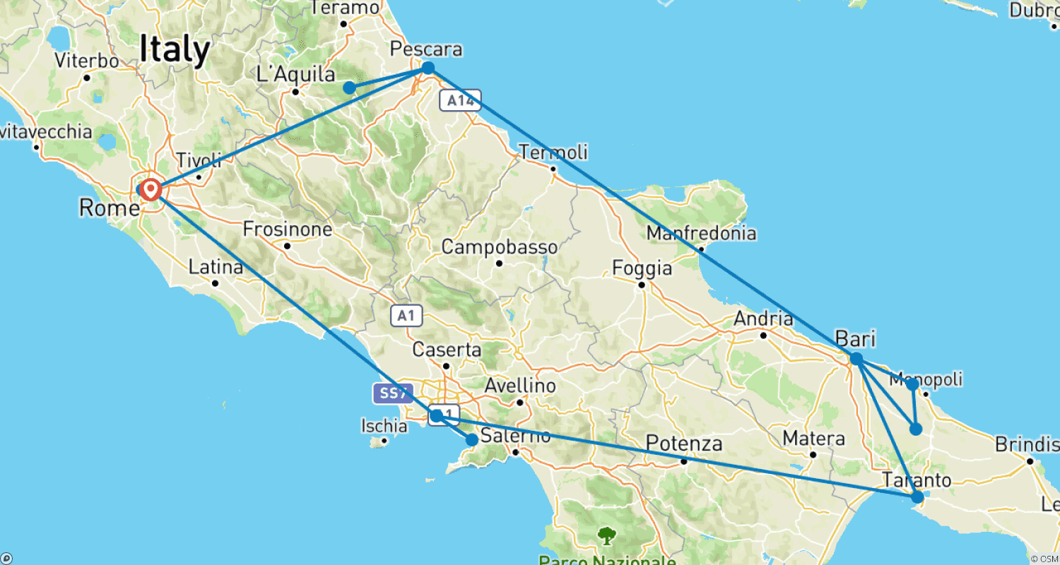 Mapa do percurso de 12 Day South Italy by Bus – Group Tour