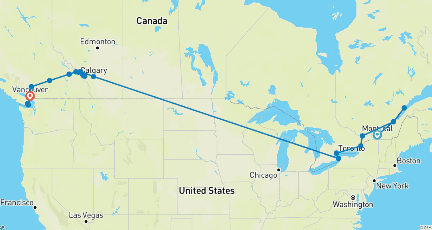 Canadian contrasts (14 nights)のルートマップ