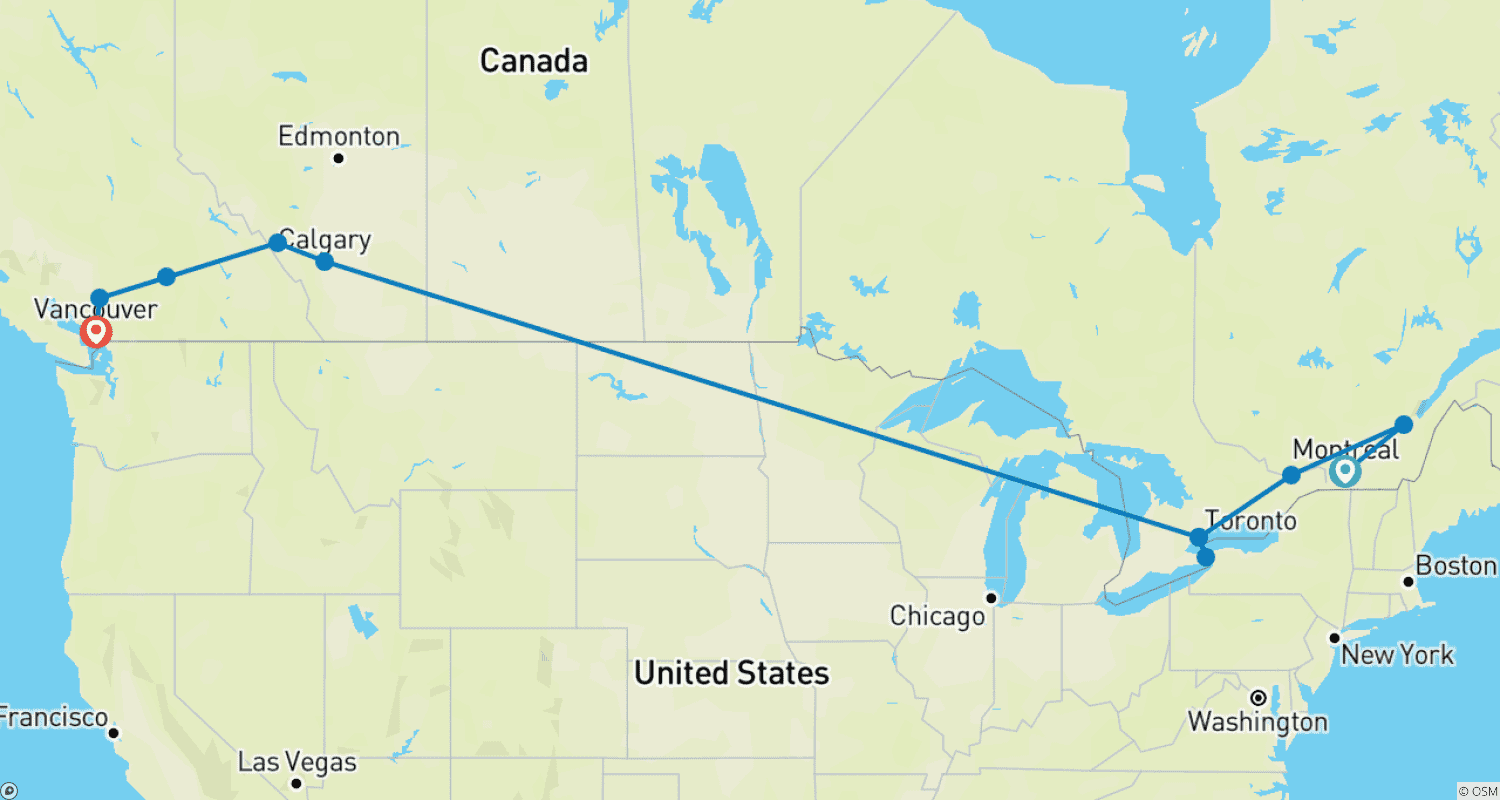 Canadian contrasts (13 nights)のルートマップ