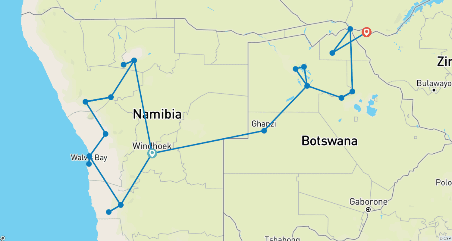 Mapa trasy: Pustynna do Delty Odyseja: 21-dniowe Safari po Namibii, Botswanie i Wodospadach Wiktorii