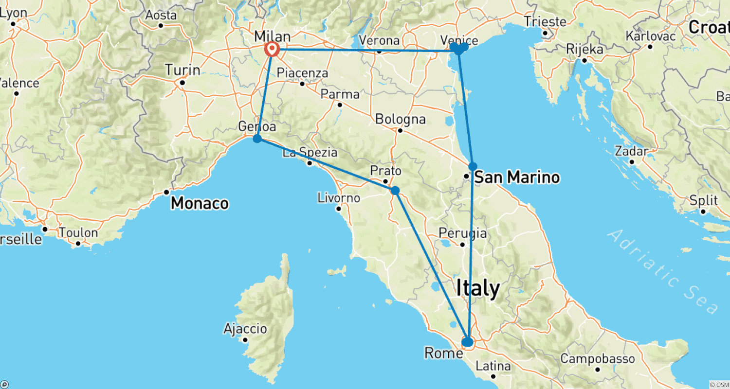 Mapa do percurso de 14 Day North Italy by Bus – Group Tour
