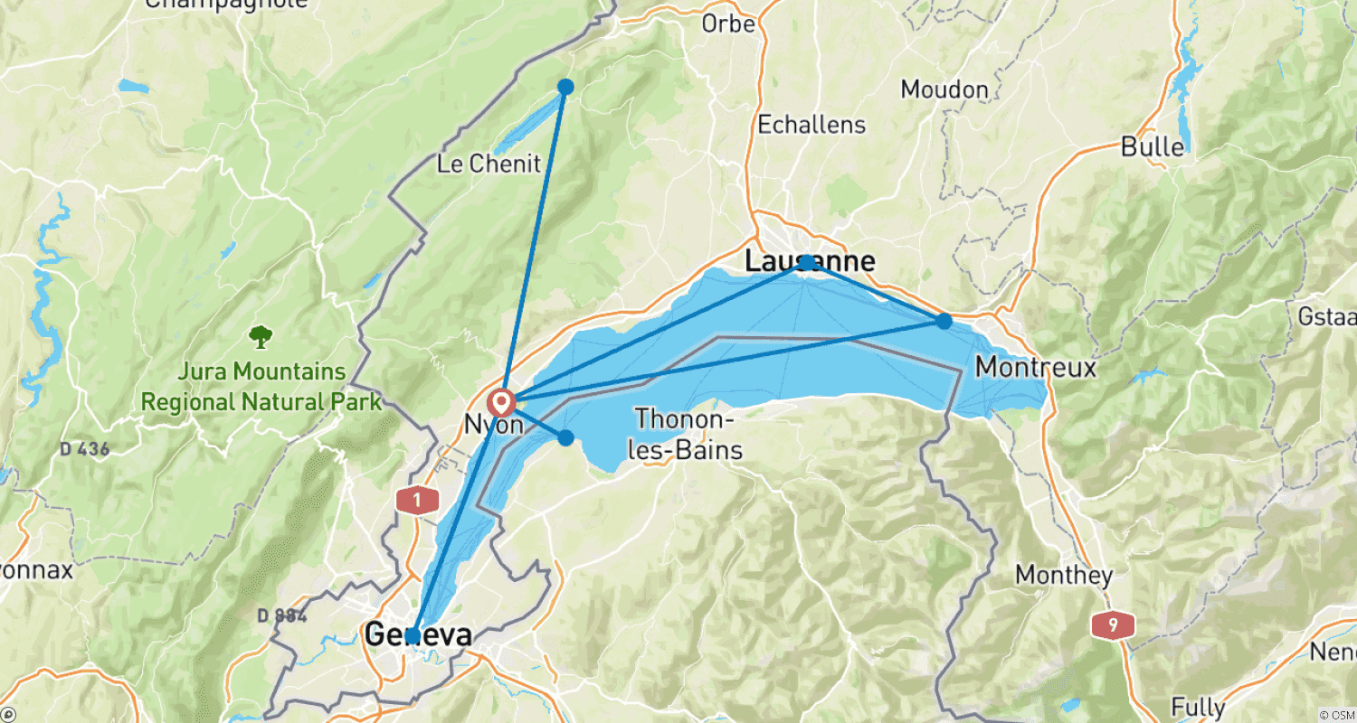 Mapa do percurso de Cycling holidays Lake Geneva Discovery Tour