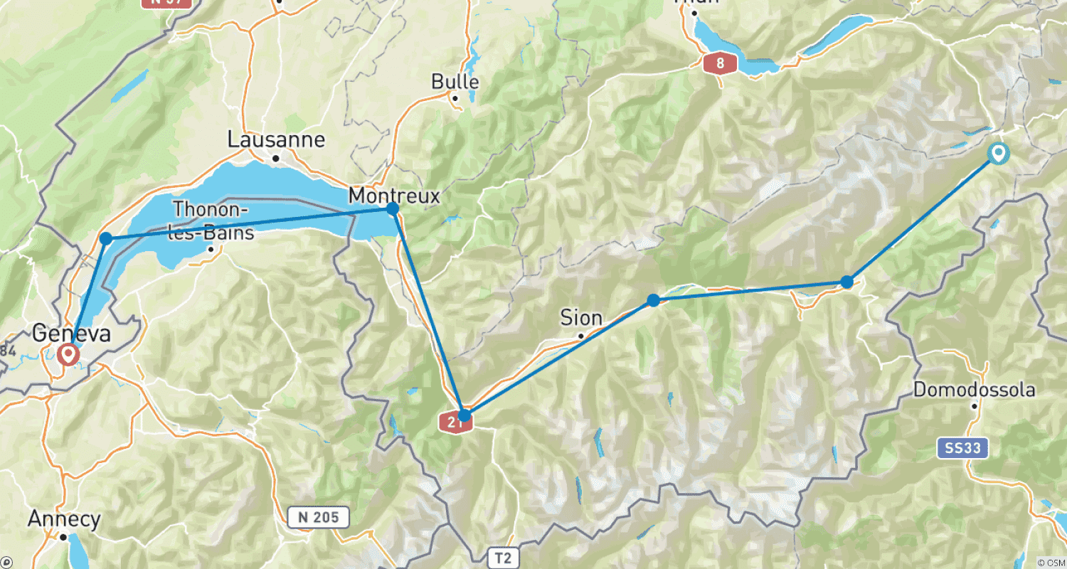 خريطة مسار Cycling holidays Rhone-Route Oberwald/Obergesteln - Geneva