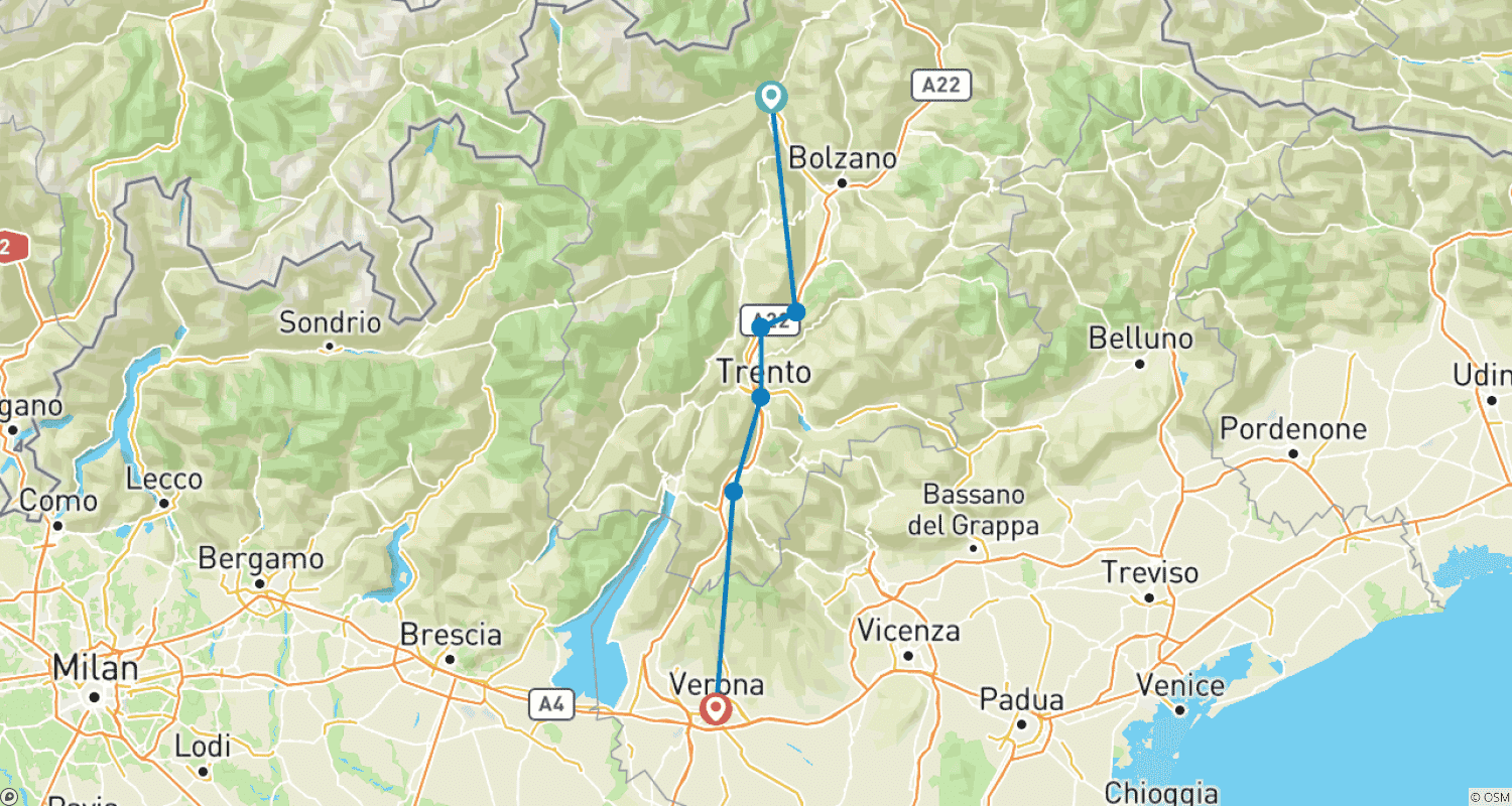 Adige Cycle Path from MERAN to VERONA - Intermezzo (5 Days)のルートマップ
