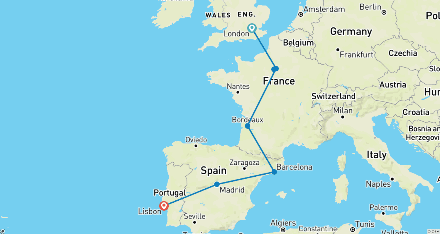 Mapa do percurso de London to Lisbon: Western Wonders