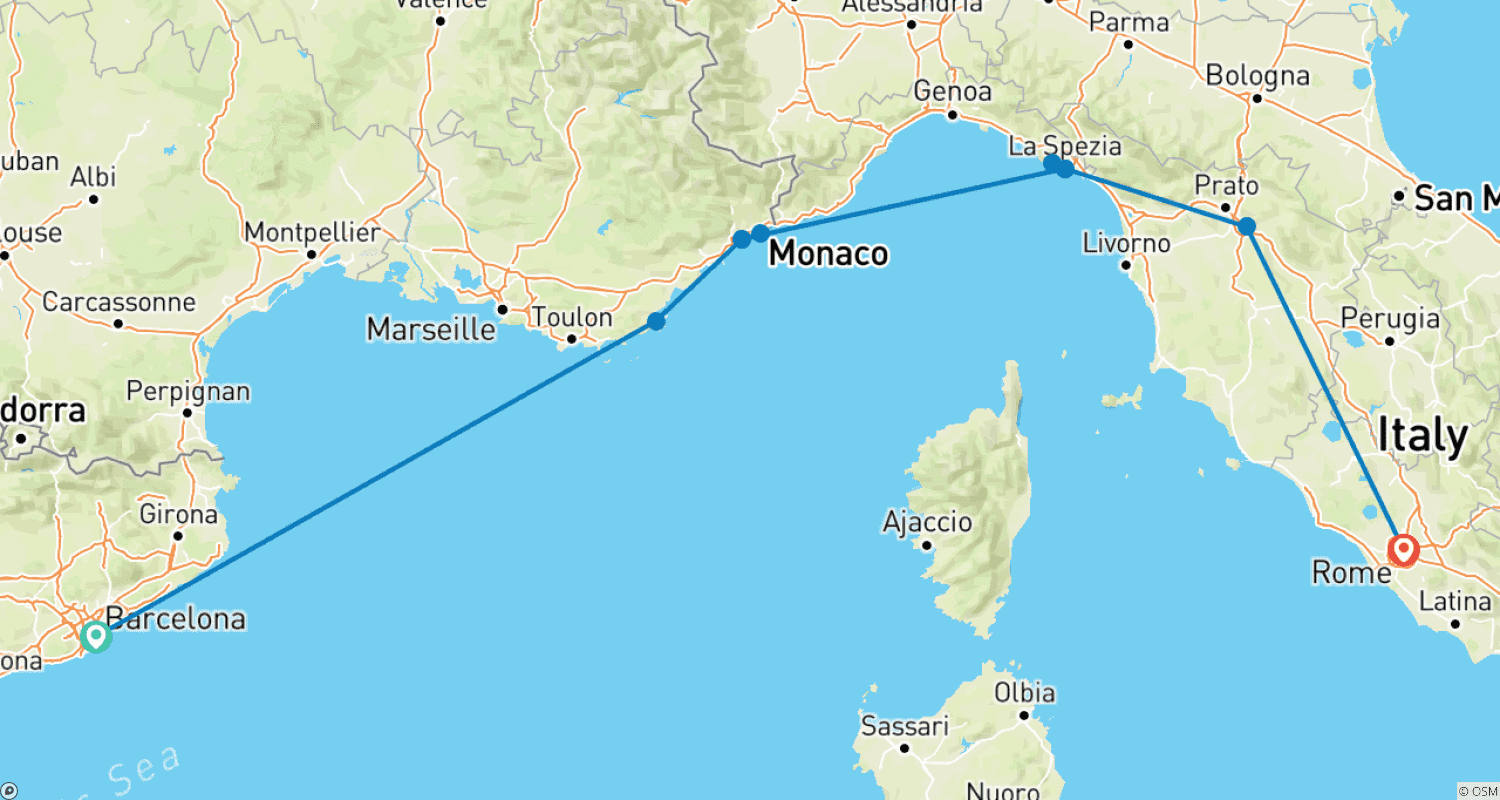 Mapa trasy: Barcelona to Rome: Mediterranean Magic