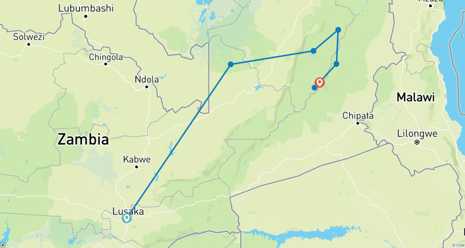 Zambia - Walking Safari with Batmigration in Octoberのルートマップ