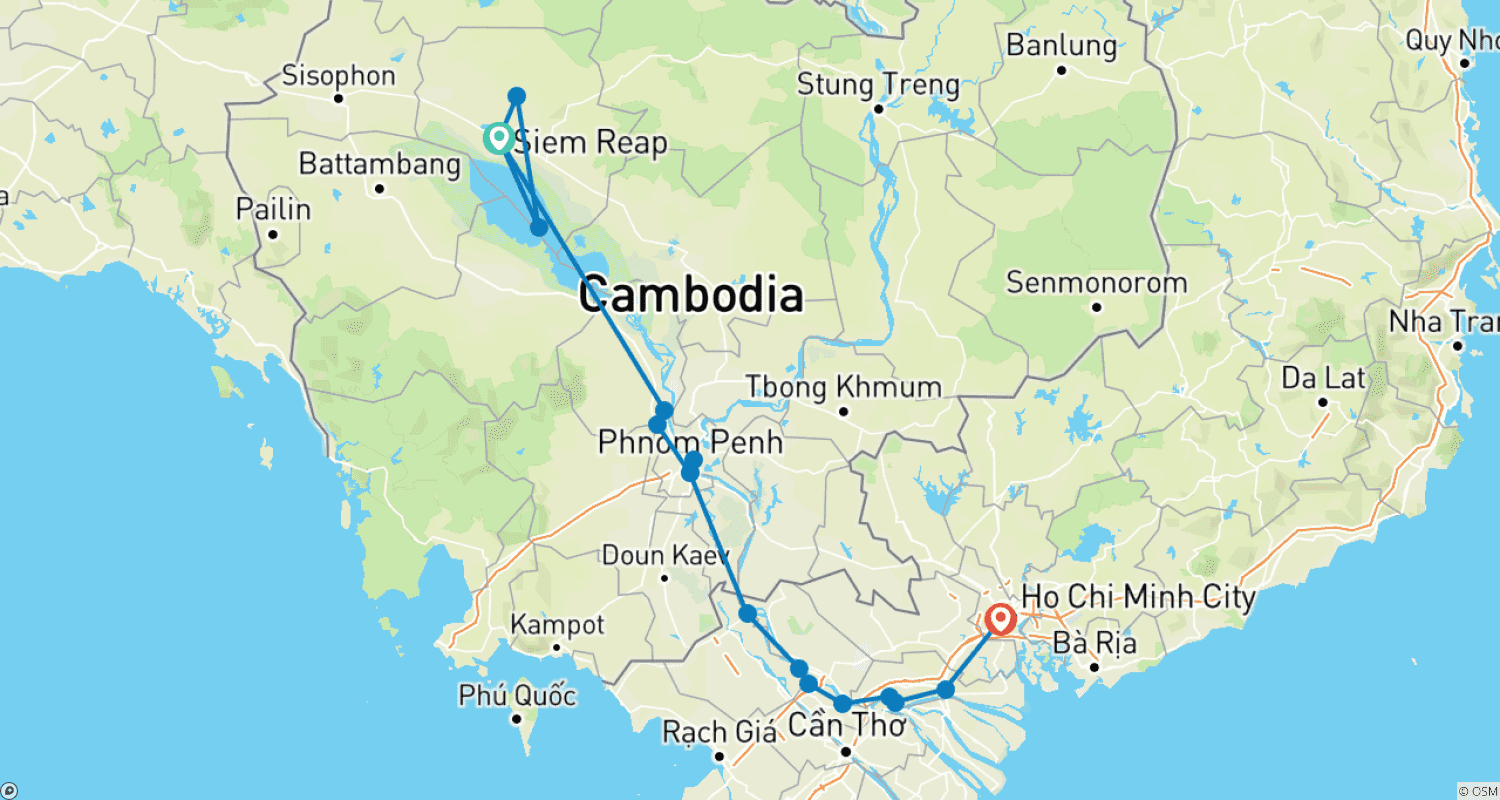 Mapa trasy: Urzekający Mekong i Siem Reap 2026-2027|2027-2028 - 11 Dni (z Siem Reap do Ho Chi Minh)