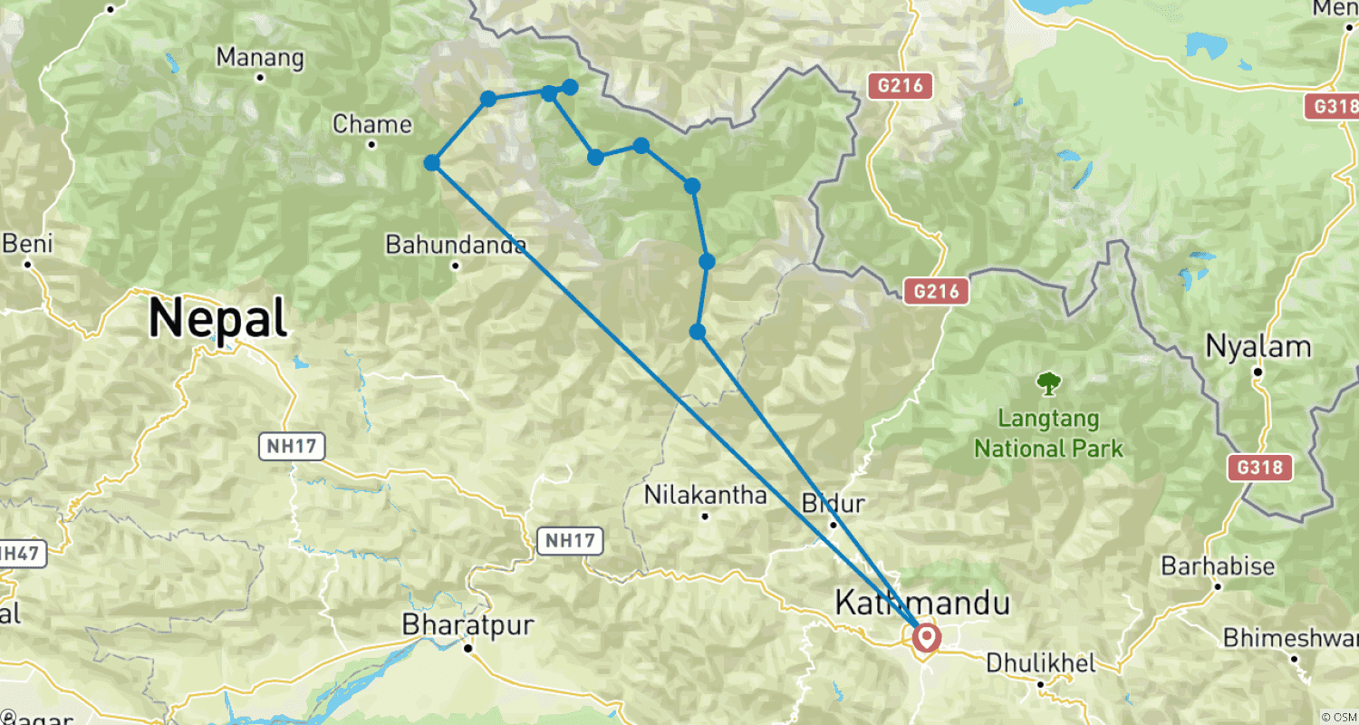 Mapa do percurso de 12 Dias de Trekking no Circuito Manaslu