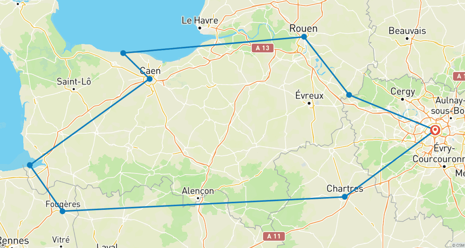 Mapa trasy: Bretania i Normandia