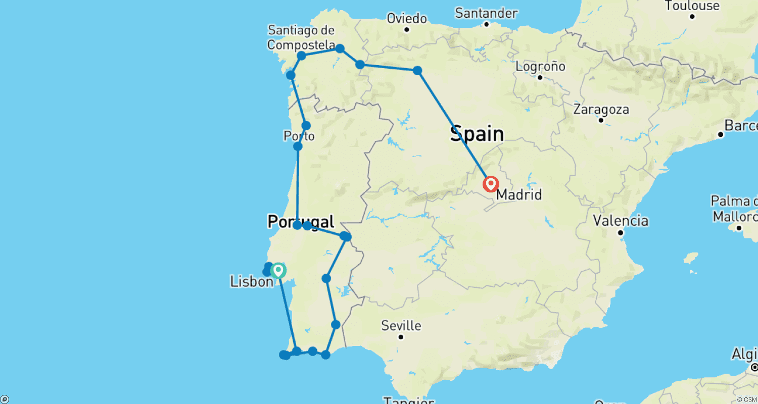 Mapa trasy: Całe Portugalia i Galicja