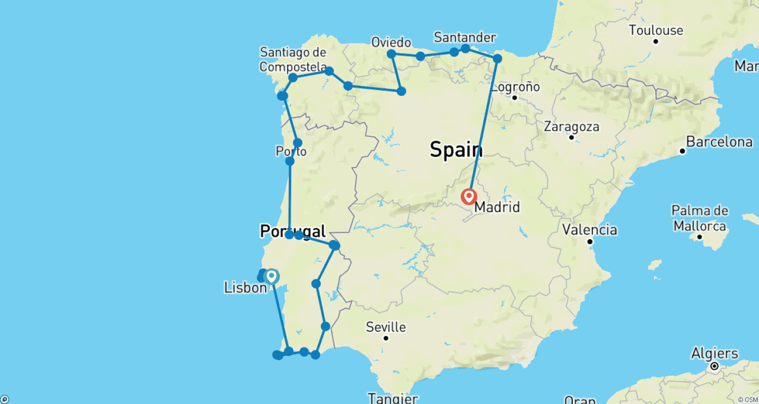 Mapa trasy: Cała Portugalia i Północna Hiszpania